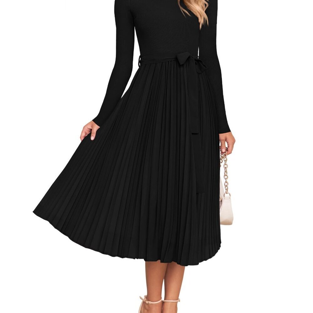 Elegant Knit Midi Dress Long Sleeve Crewneck Pleated A-Line Fall Party Wear
